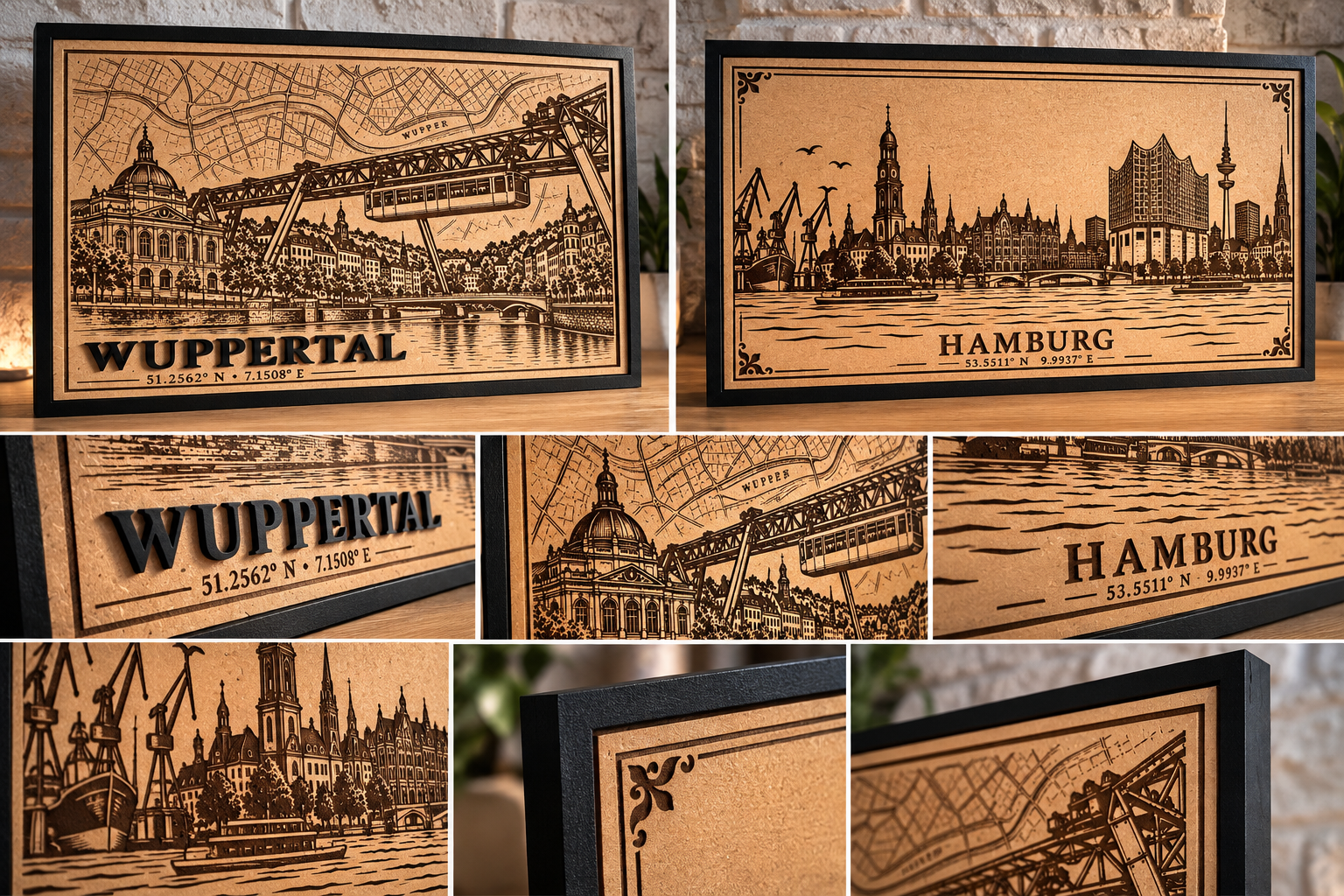 Wuppertal mit Schwebebahn, Stadtplan und schwarzem Rahmen